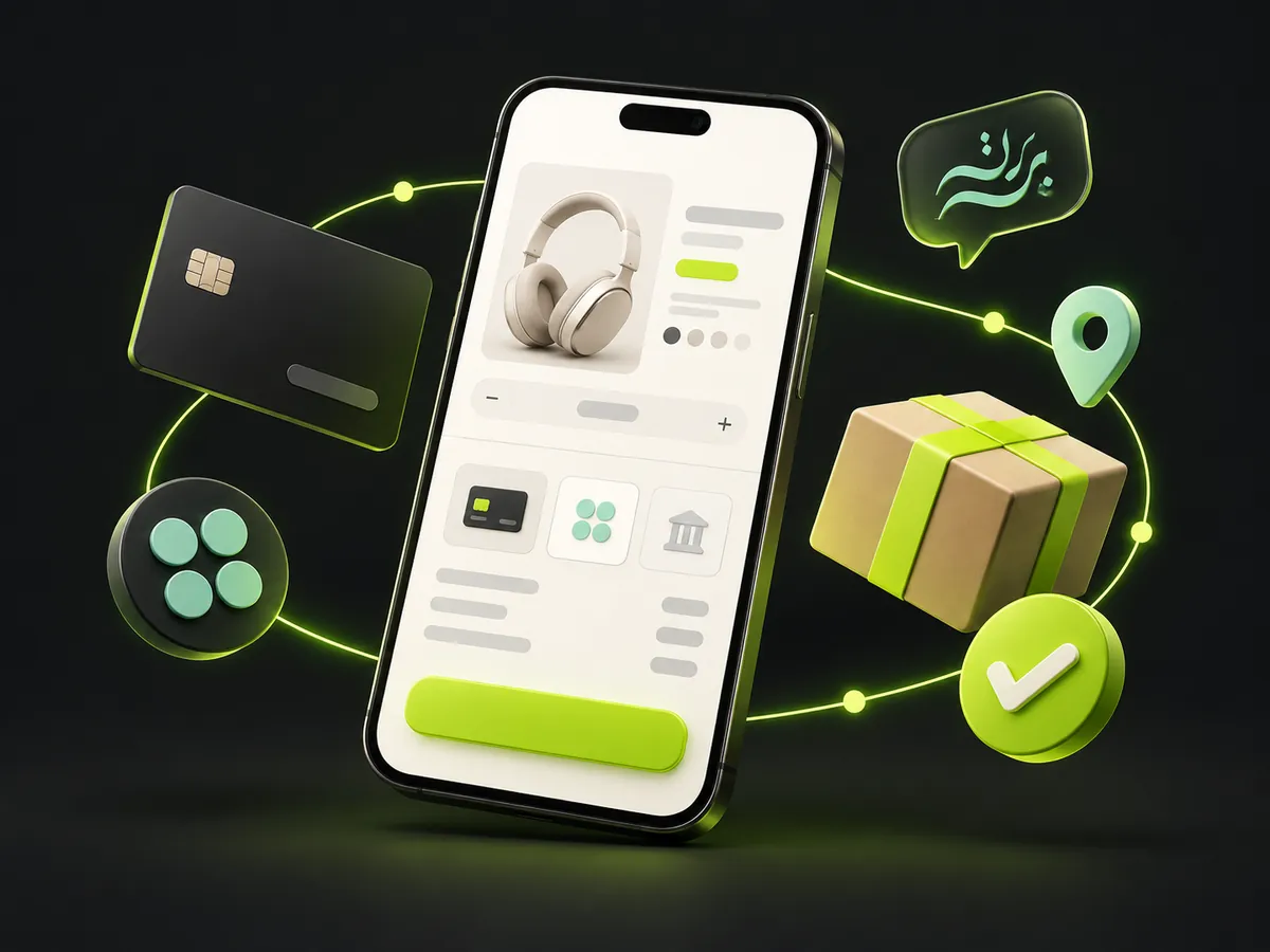 Mobile checkout for a UAE online store with card payments, pay-later instalments, Arabic support and delivery tracking