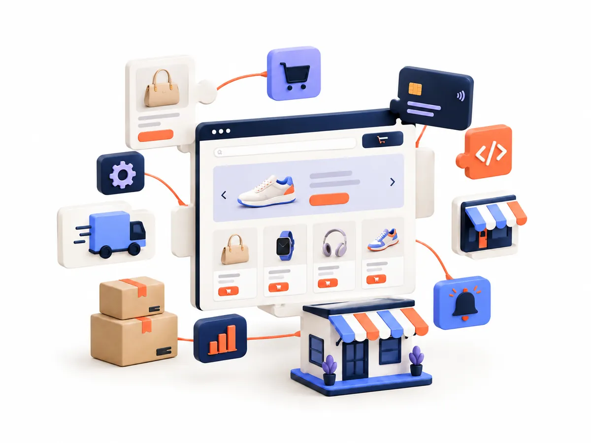 Online store built from connected building blocks: product pages, cart, payments, delivery, analytics and a shop going online