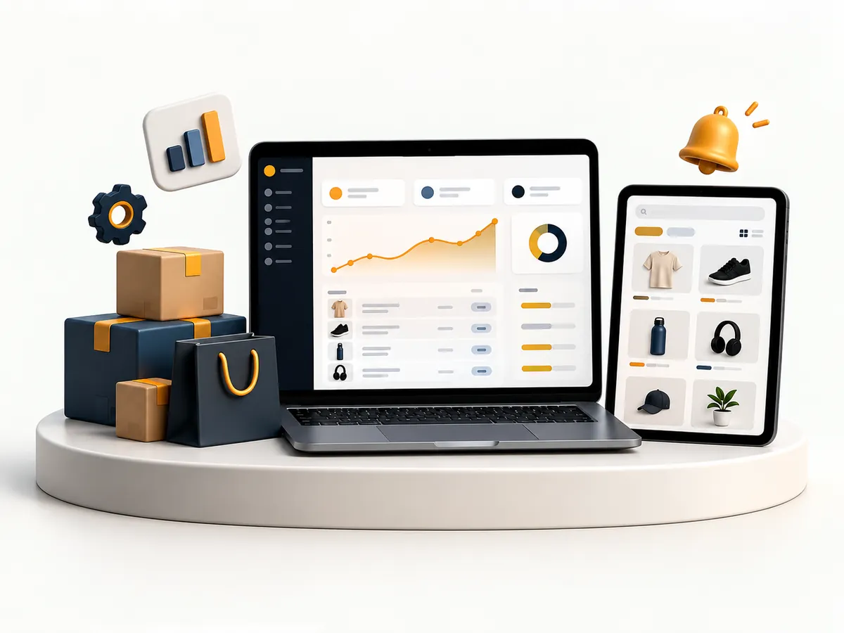 E-commerce admin dashboard showing sales, orders, products and stock on laptop and tablet