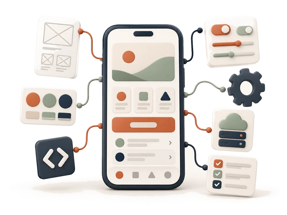 Mobile app design and development: wireframes, UI components, colour palette, code and cloud backend connected to a smartphone