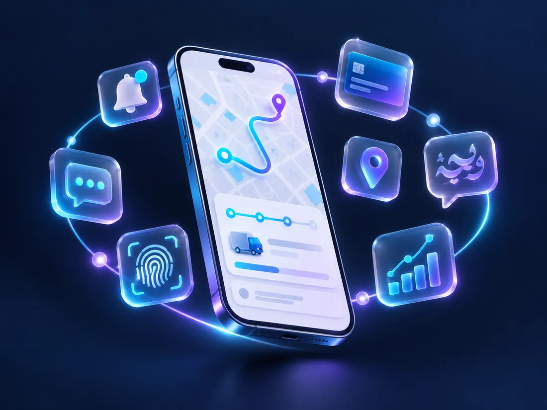 Smartphone app with live delivery tracking surrounded by push notifications, chat, Face ID, payments, location and analytics features