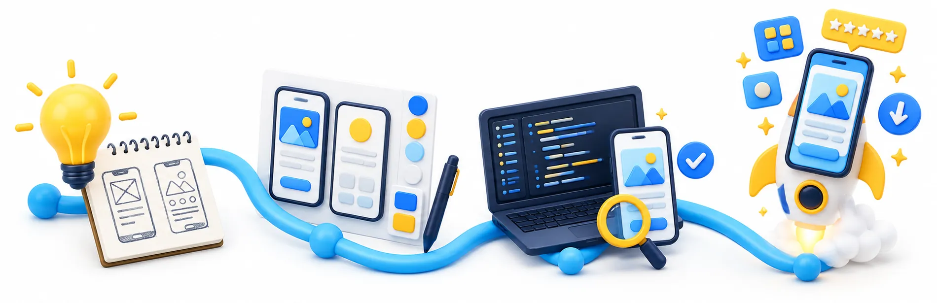 Mobile app journey from idea and wireframes to design, development, testing and app store launch