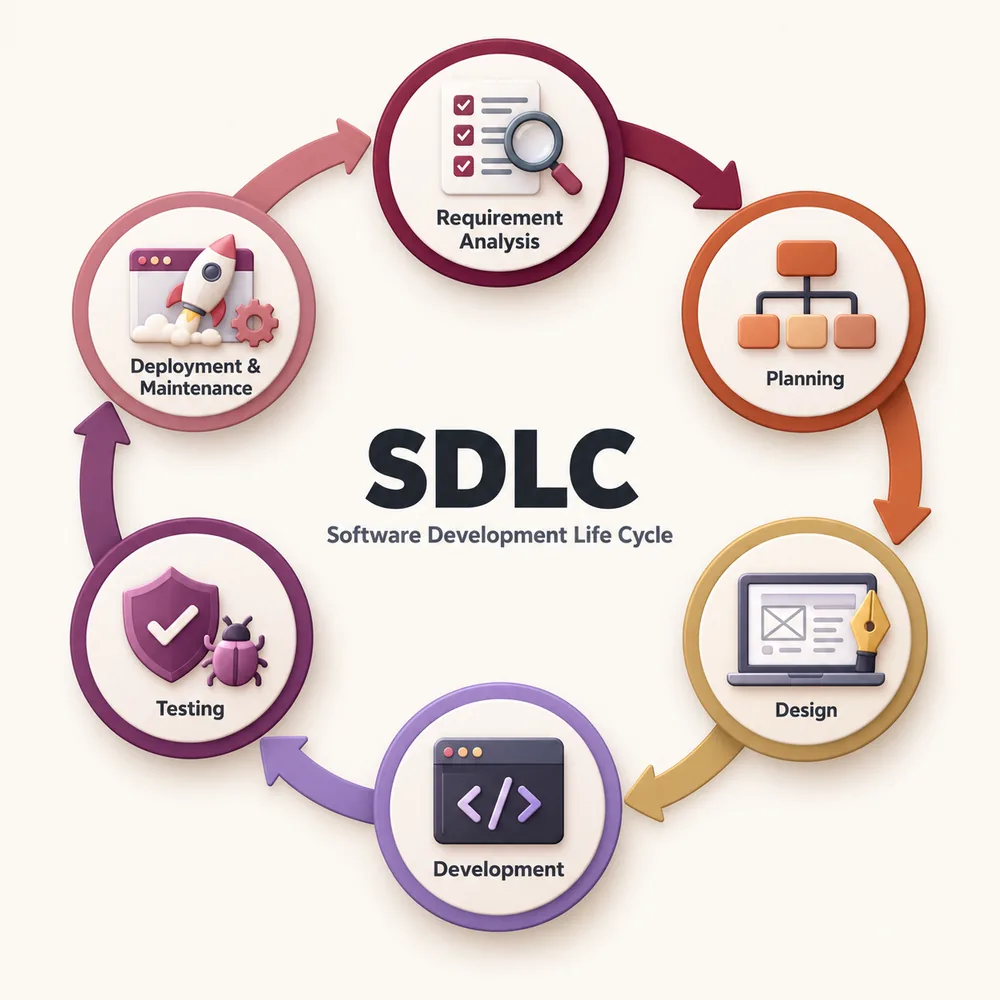 SDLC – Software Development Life Cycle: requirement analysis, planning, design, development, testing, deployment and maintenance