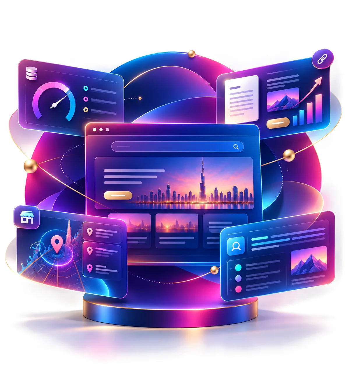 Illustration of SEO tools, website optimisation, local search and content performance